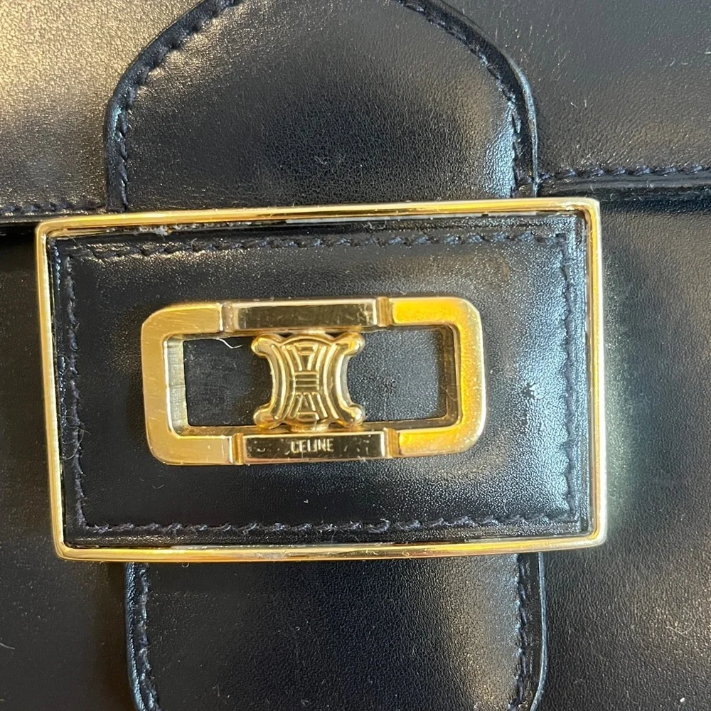 Vintage Celine Triomphe Flap Box Bag in Midnight gold hardware - Picture 5 of 16